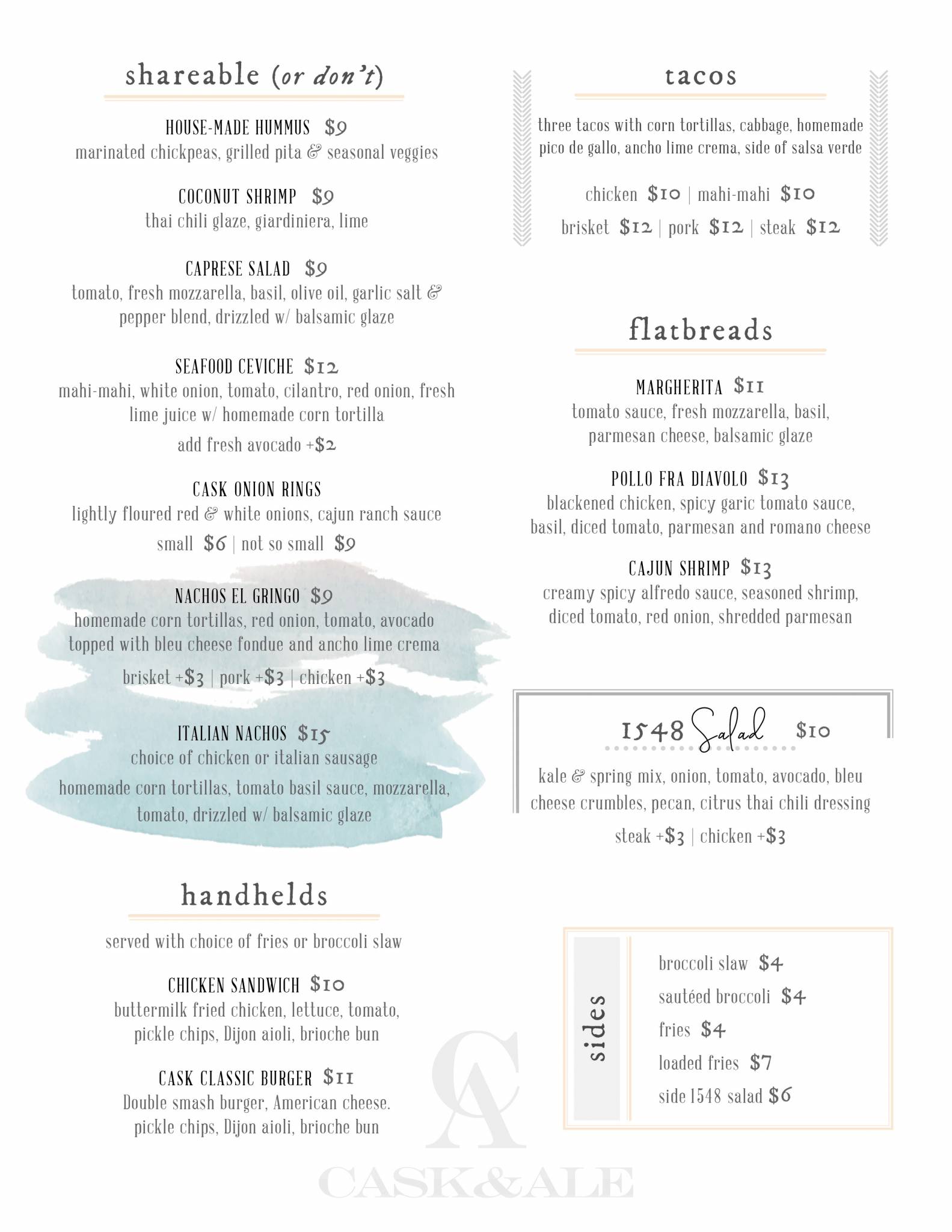 Dinner Menu Cask Ale and Kitchen